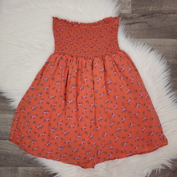 Kimchi Blue Pants - Kimchi Blue Romper Womens Small Orange Floral Sleeveless Smocked Pockets UO